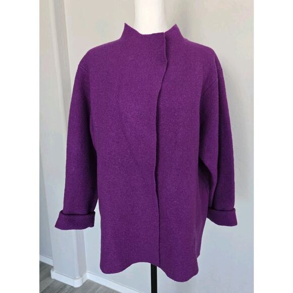 Eileen Fisher All Wool Felt Front Snap Cape Jacket Long Purple Excellent Sz S - Picture 2 of 12